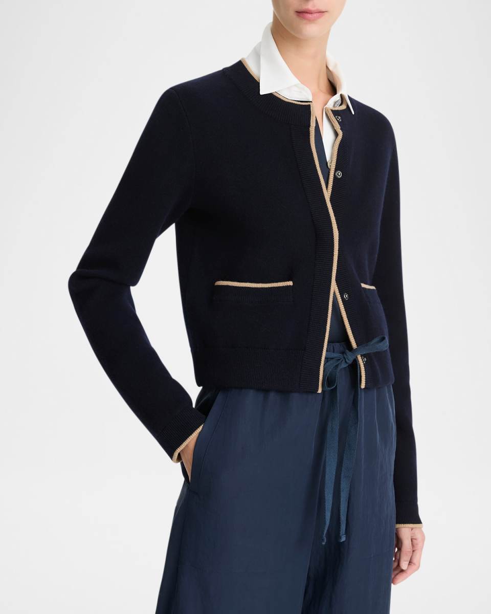 Contrast Wool-Cashmere Snap Cardigan